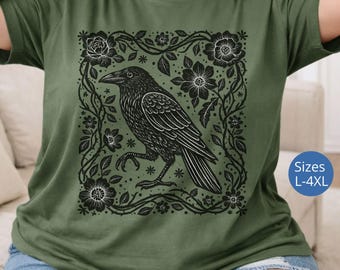 Camiseta de cuervo linograbado de talla grande, colores cómodos, camiseta negra de cuervo para mamá gótica, camiseta gótica de cuervo para mujeres de talla grande, regalo para amantes de las aves