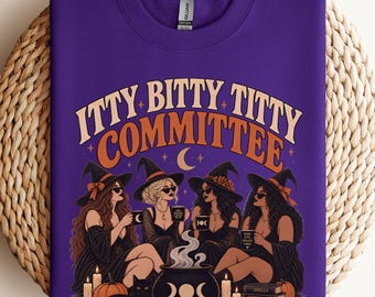 Itty Bitty Titty Committee Halloween-sweatshirt, grappig heksenclub-sweatshirt, trui met ronde hals en volwassen humor, cadeau voor vriendinnen, heksenachtig shirt