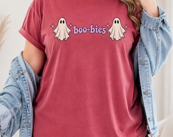Boo-bies Ghost T-shirt, grappig Halloween-shirt met ronde hals in grote maten, Comfort Colors schattig spookshirt, grappig spookwoordspeling cadeau, herfstcadeau-idee voor vrienden