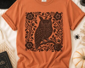 Linocut Owl T-Shirt, Comfort Colors Dark Academia Tee For Goth Women, Folk Art Bird Shirt, Plus Size Forestcore Graphic Tee, Goth Lover Gift