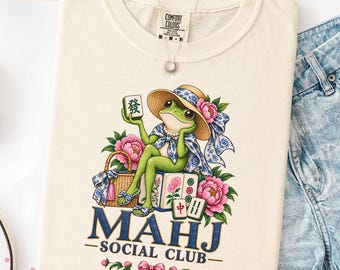 Mahj Social Club T-shirt, Comfort Colors Floral Mahjong Players Group shirt voor vrouwen met een maatje meer, shirt voor spelletjesavonden voor meiden, cadeau voor mahjongliefhebbers