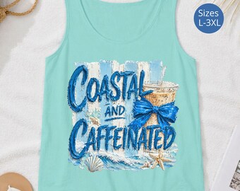 Camiseta sin mangas Coastal Girl de talla grande, camiseta Ocean Lover para mujeres de talla grande, camiseta con estampado de cafeína, regalo para amantes del café, camiseta sin mangas Comfort Colors