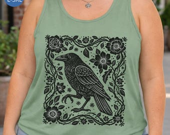 Camiseta sin mangas con estampado de cuervo en linóleo de talla grande, camiseta negra de cuervo para mujeres góticas, camiseta sin mangas con estampado de pájaro gótico, camiseta de estética oscura, camiseta de bruja, camiseta de cuervo de estilo academia oscura