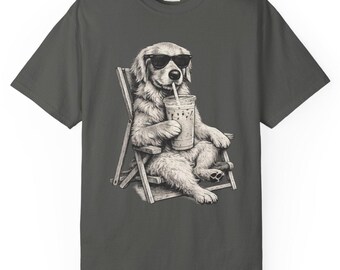 Dog Relaxing in Beach Chair with Drink T-Shirt | Summer Chill Graphic Tee