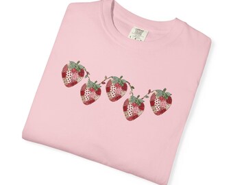 Plus Size Faux Patchwork Strawberry T-Shirt, Patchwork Strawberry Tank Top For Plus Size Women, Comfort Colors Shirt, Summer Strawberry Tee