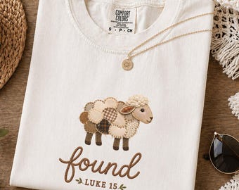 T-shirt met nep-patchwork, Comfort Colors Lost Sheep T-shirt, Found Lamb Luke 15 christelijk T-shirt, religieus vormsel T-shirt voor vrouwen, doopcadeau