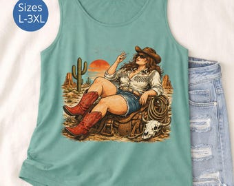 Plus Size Retro Cowgirl Tank Top, Western Graphic Tee, Plus Size Country Girl Tank, Western Rodeo Gift For Her, Vintage Western Tee