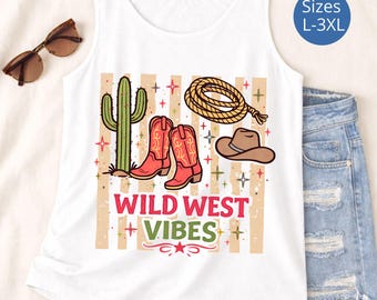 Camiseta sin mangas Wild West de talla grande, camiseta vaquera para mujeres de talla grande, camiseta con estampado western, top country para ella, regalo boho western para ella