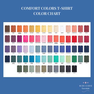 Puede incluir: Una carta de colores de camisetas Comfort Colors que muestra una cuadr&iacute;cula de varias muestras de tela en una amplia gama de tonos, cada una etiquetada con su nombre de color espec&iacute;fico, incluyendo tonos como espresso, yam, blanco, carmes&iacute;, marino y negro.