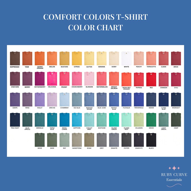 Puede incluir: Una carta de colores de camisetas Comfort Colors que muestra una cuadr&iacute;cula de varias muestras de tela en una amplia gama de tonos, cada una etiquetada con su nombre de color espec&iacute;fico, incluyendo tonos como espresso, yam, blanco, carmes&iacute;, marino y negro.