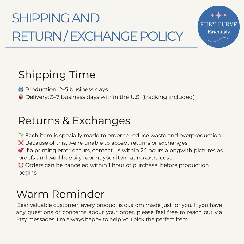 Puede incluir: Un gr&aacute;fico informativo blanco titulado SHIPPING AND RETURN/EXCHANGE POLICY con un logotipo circular azul que dice RUBY CURVE Essentials. El texto detalla los tiempos de producci&oacute;n, entrega, pol&iacute;ticas de devoluci&oacute;n y un recordatorio amable.