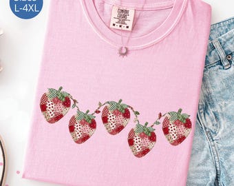 Plus Size Faux Patchwork Strawberry T-Shirt, Patchwork Strawberry Tank Top For Plus Size Women, Comfort Colors Shirt, Summer Strawberry Tee