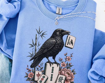 Sweatshirt met zwarte raven en mahjongtegels, bloemenprint en gotische mahjong-trui voor gothic-liefhebbers, Halloween-top voor mahjongspelers in grote maten, gotische cadeaus