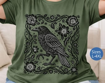 Camiseta de talla grande con estampado de cuervo en linograbado, camiseta negra con cuervo para mujeres góticas, regalo de top gótico con pájaro, camiseta de estética oscura, camiseta de bruja, camiseta de estilo academia oscura