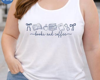 Camiseta de tirantes con libros y café, talla grande, colores cómodos, regalo para amantes de los libros, camiseta para mamá lectora, regalo para mamá lectora.