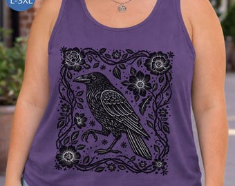 Plus Size Linocut Crow Tank Top, Black Raven Tee For Goth Women, Gothic Bird Tank, Dark Aesthetic Tee, Witchy Shirt, Dark Academia Raven Top