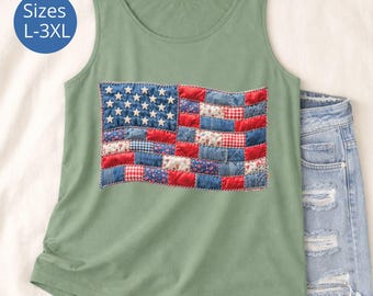 Plus Size Faux Patchwork 4th of July Tank Top, Retro American Flag Shirt, Patriotic Tee For Women, Independence Day Gift, Comfort Color Tank