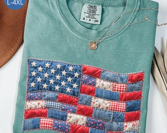 Camiseta de talla grande con estampado de retazos para el 4 de julio, camiseta retro con la bandera estadounidense, camiseta patriótica para mujer, regalo para el Día de la Independencia, camiseta Comfort Colors.