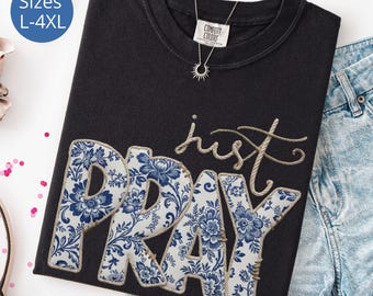 Camiseta "Just Pray" de talla grande, camiseta cristiana de hilo sintético, sudadera con estampado floral, camiseta religiosa bohemia retro floral, regalo para mujer