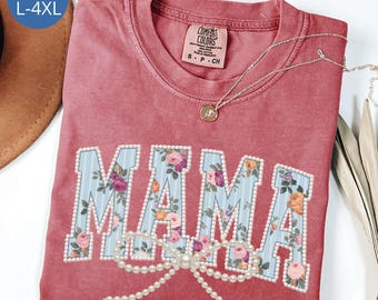 Camiseta MAMA de talla grande, camiseta Mama con perlas sintéticas, camiseta Comfort Colors, camiseta Mama floral, regalo Grandmacore, camiseta para anunciar el embarazo de una nueva mamá