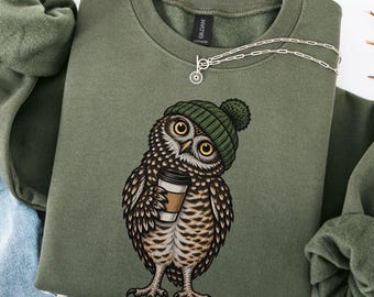 Grappige trui met uilmotief en koffieprint, schattige muts met holenuil, shirt met bosdierenprint in grote maten, cottagecore kleding, cadeau voor vogelliefhebbers