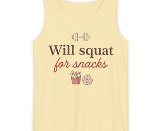 Camiseta sin mangas "Will Squat for Snacks" / Humor sobre comida y fitness