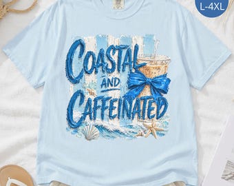 Camiseta de talla grande para amantes de la costa, camiseta para amantes del océano para mujeres de talla grande, camiseta con estampado de cafeína, camiseta para amantes del café para ella, camiseta de colores cómodos