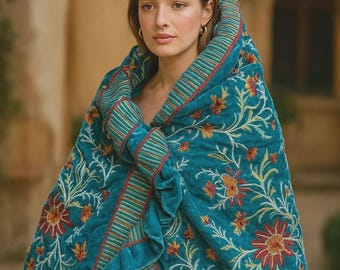 Embroidered Velvet Kashmiri Shawl: Handmade Wedding Evening Wrap