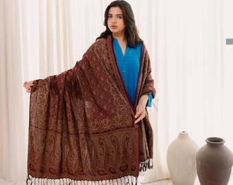 Handwoven Jamawar Wool Shawl - Paisley Wrap, Yoga Blanket