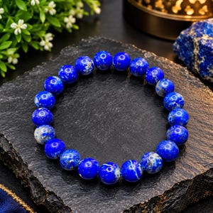 May include: A circular stretch bracelet composed of polished, deep blue lapis lazuli beads. Each spherical bead features natural white and gold-toned mineral inclusions, creating a unique pattern across the smooth, glossy surface of the stones.