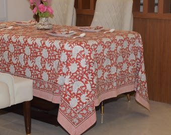 Hand Block Printed Cotton Tablecloth, Red Floral Linens