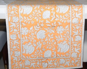 Camino de mesa floral amarillo brillante, algodón estampado a mano con bloques.