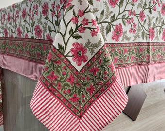 Hand Block Printed Cotton Tablecloth, Lotus Floral Design
