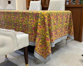 Hand Block Printed Floral Tablecloth, Indian Cotton, Lime Green & Pink