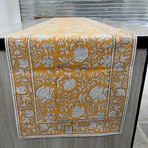 Table Runner, Sunglow Yellow Indian Floral Hand Block Printed Table Runners, Jaipuri Print Cloth Table Runner, Wedding party Christmas Gifts