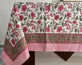 Hand Block Printed Cotton Tablecloth, Lotus Floral Design