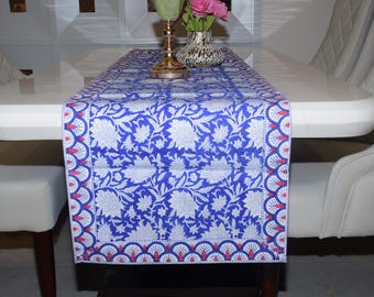 Hand Block Printed Cotton Table Runner, Blue Floral Indian Design