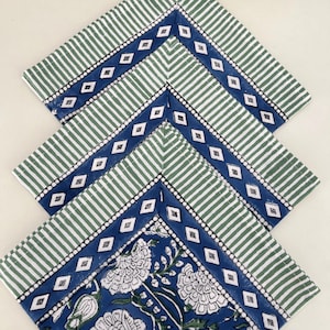 Border Napkins, Blue, Green, White Floral Indian Hand Block printed Napkins, Cotton Wedding cloth Napkins, Christmas Cocktail Party Pub Gift