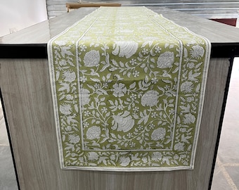 Hand Block Printed Cotton Table Runner, Avocado Green Floral, Indian Design