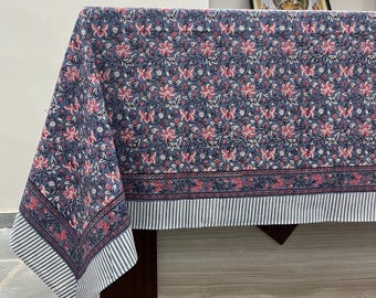 Hand Block Printed Tablecloth, Grey Blue Floral Cotton Table Cover