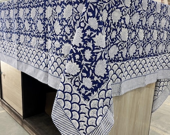 Nappe bleue à motifs floraux, décoration de salle à manger en coton indien