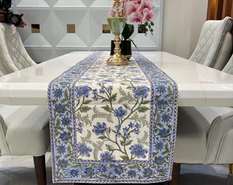 Hand Block Printed Cotton Table Runner, Forget Me Not Floral