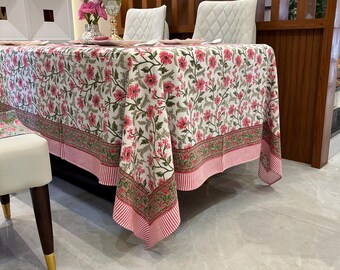 Hand Block Printed Cotton Tablecloth, Lotus Floral Design