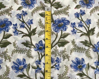 Forget Me Not Floral Fabric, Blue Green Indian Hand Block Print Cotton By Yard