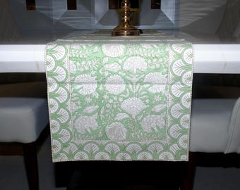 Sage Green Floral Table Runner, Hand Block Printed Cotton
