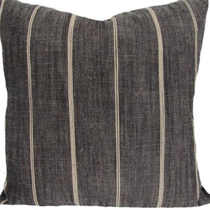 Farmhouse Pillow Charcoal Tan Stripe Pillow Cover Black Horizontal Stripe Brown Throw Cushion Textured Gray Linen Blend Decorator Fabric image 5