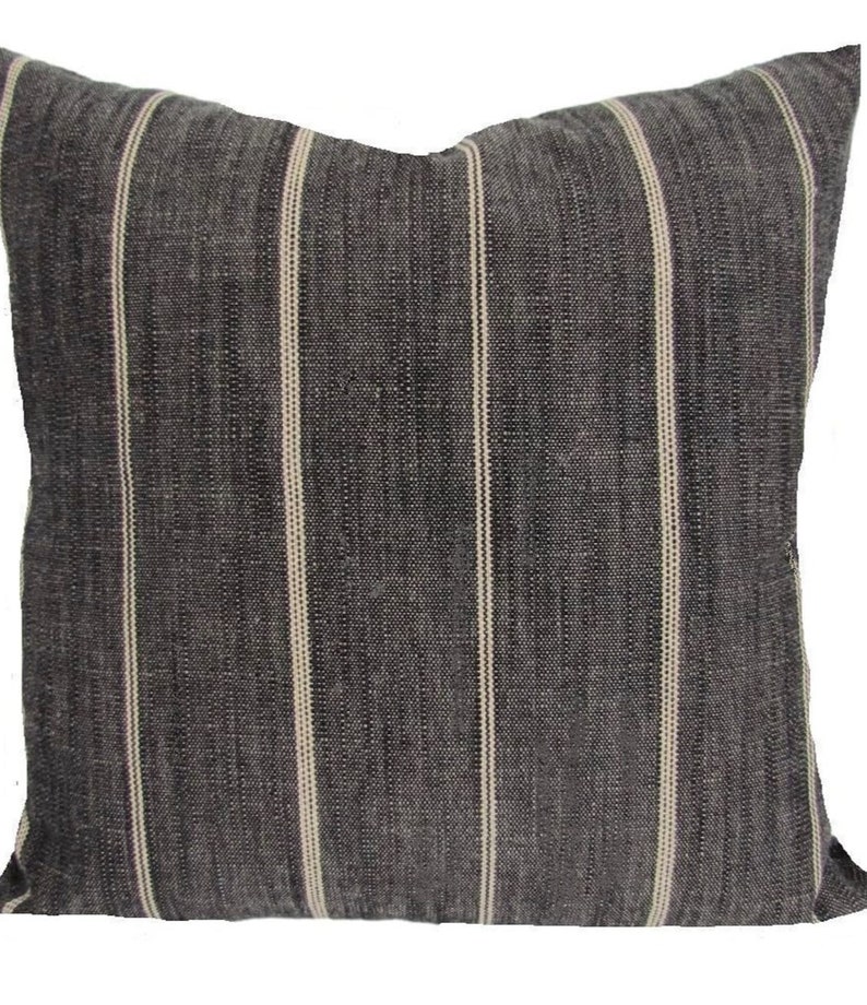 Farmhouse Pillow Charcoal Tan Stripe Pillow Cover Black Horizontal Stripe Brown Throw Cushion Textured Gray Linen Blend Decorator Fabric image 5