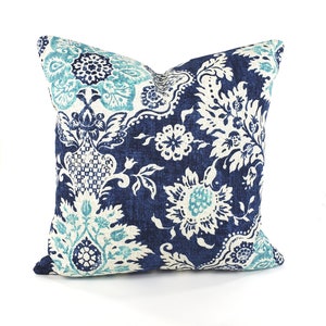 Floral Pillow Cover Indigo Blue Teal Decorative Farmhouse Cushion Dark Blue Turquoise -Couch Pillow-Aqua Floral Accent Pillow