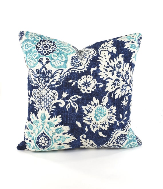Floral Pillow Cover Indigo Blue Teal Decorative Farmhouse Cushion - Main Image