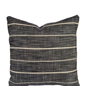 Farmhouse Pillow Charcoal Tan Stripe Pillow Cover Black Horizontal Stripe Brown Throw Cushion Textured Gray Linen Blend Decorator Fabric image 1